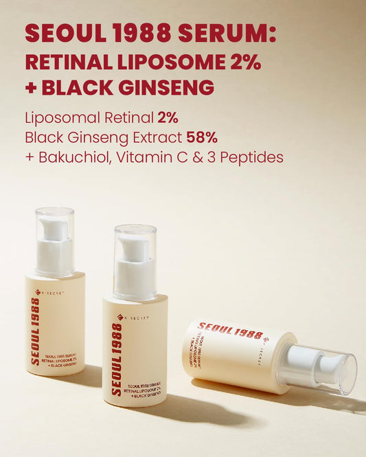 K-SECRET SEOUL 1988 Retinal Serum: 2% Retinal Liposome Black Ginseng Extract Niacinamide Bakuchiol Vitamin C & 3 Peptides for Wrinkle Care Anti Aging - Korean Skincare Fragrance Free Paraben Free Cruelty Free 1 FL OZ